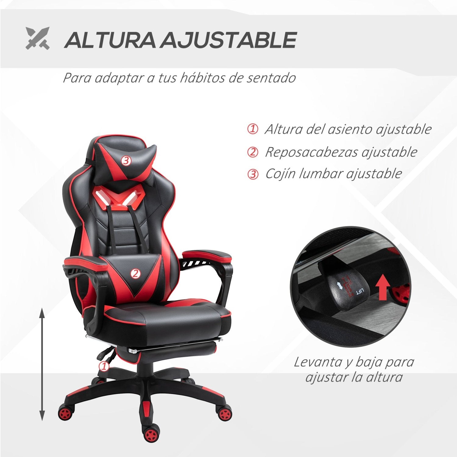 Silla Gamer, Silla Ergonomica, Regulable en Altura, Silla Oficina, Silla Gaming, con Reposapiés, Reposacabezas, Rojo, Vinsetto, 4