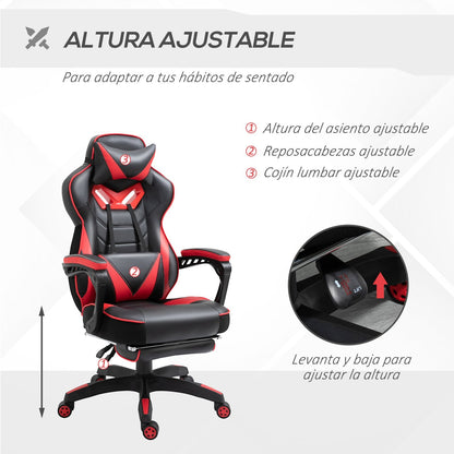 Silla Gamer, Silla Ergonomica, Regulable en Altura, Silla Oficina, Silla Gaming, con Reposapiés, Reposacabezas, Rojo, Vinsetto, 4