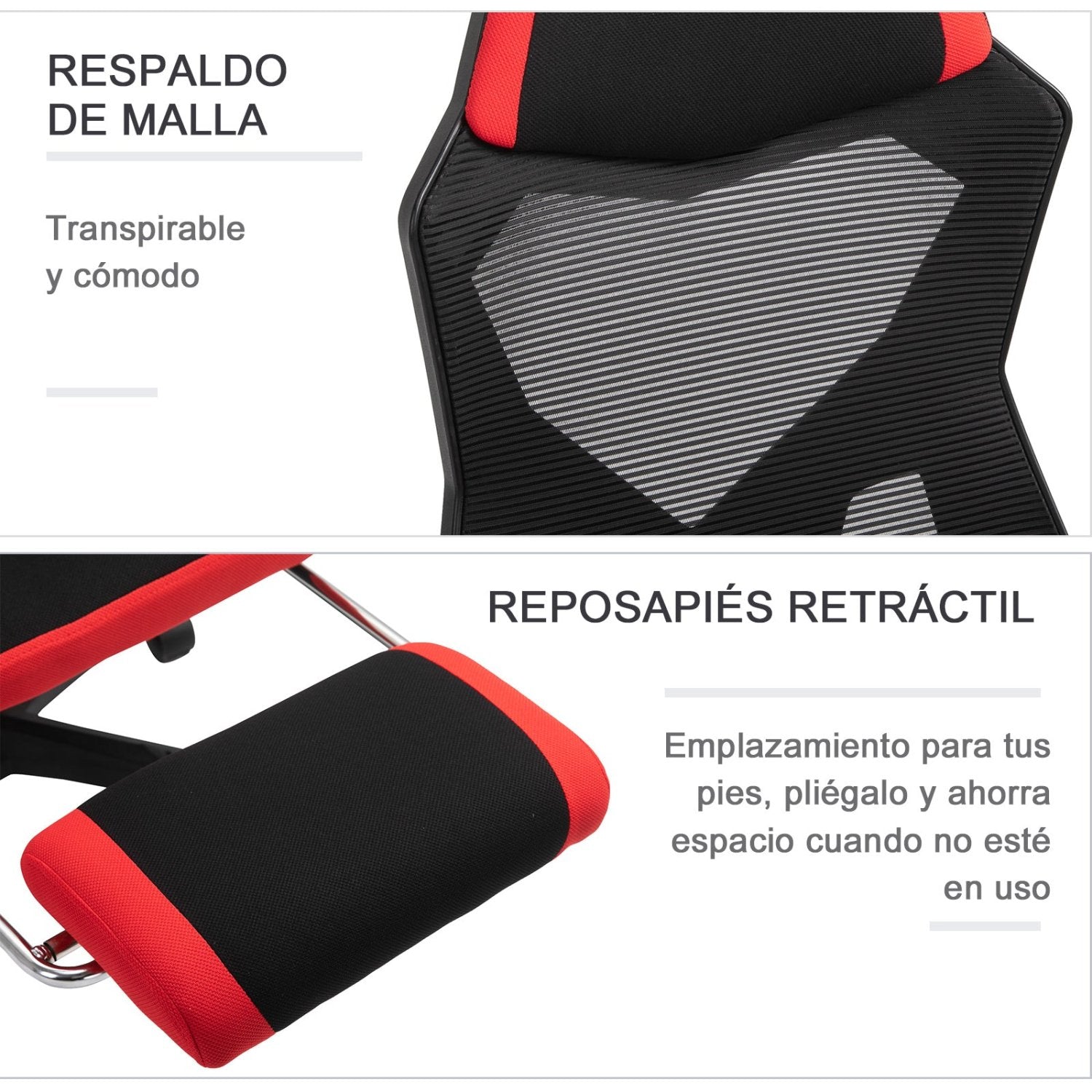 Silla gaming, Silla Oficina, con Reposapiés Retráctil, Silla Gamer, Silla Ergonomica, Altura Ajustable, Ruedas, Rojo, Vinsetto, 6