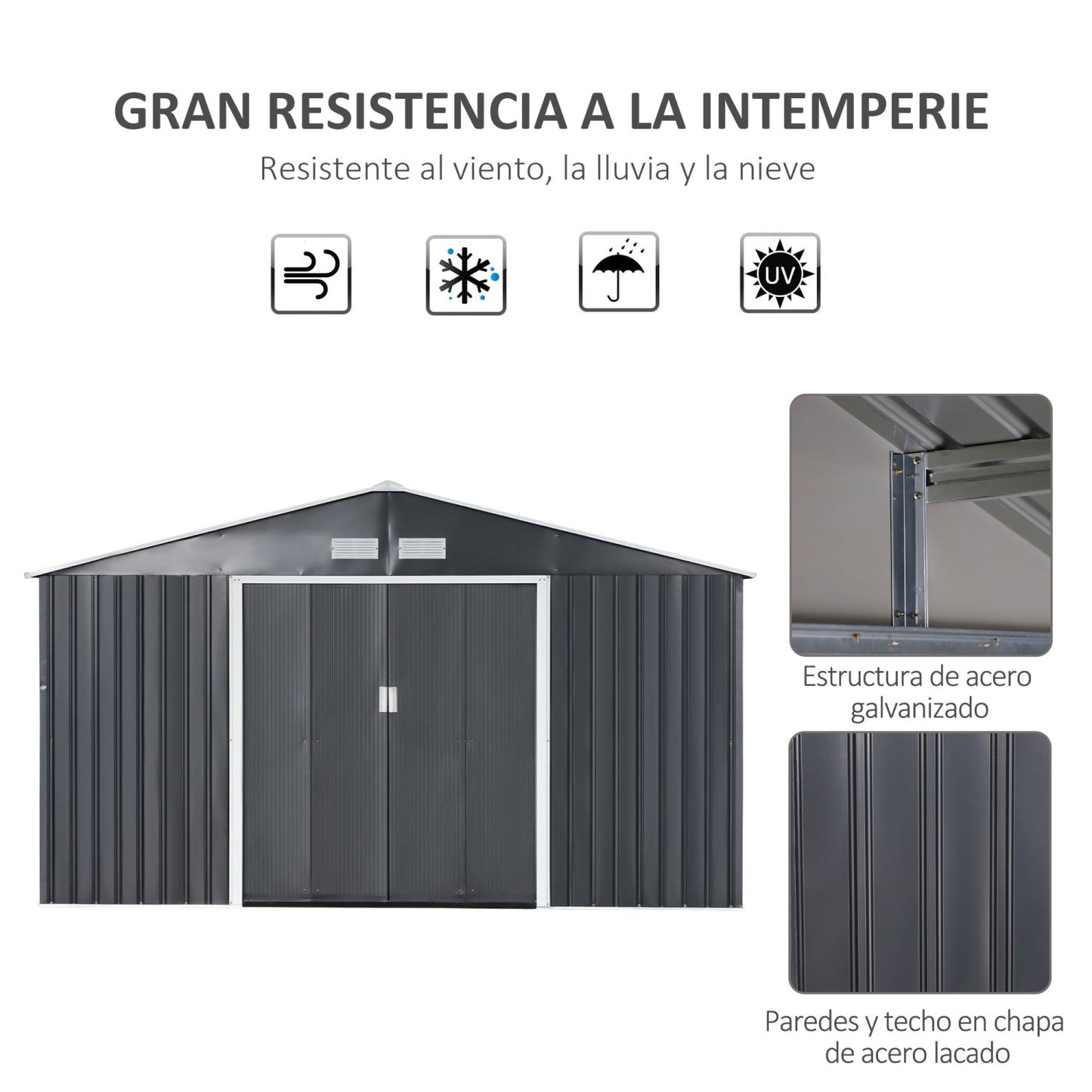 Caseta metalica jardines, Cobertizo exterior, 12,4 m², 2 Puertas Corredizas Base Refuerzo Gris Oscuro, Outsunny, 2