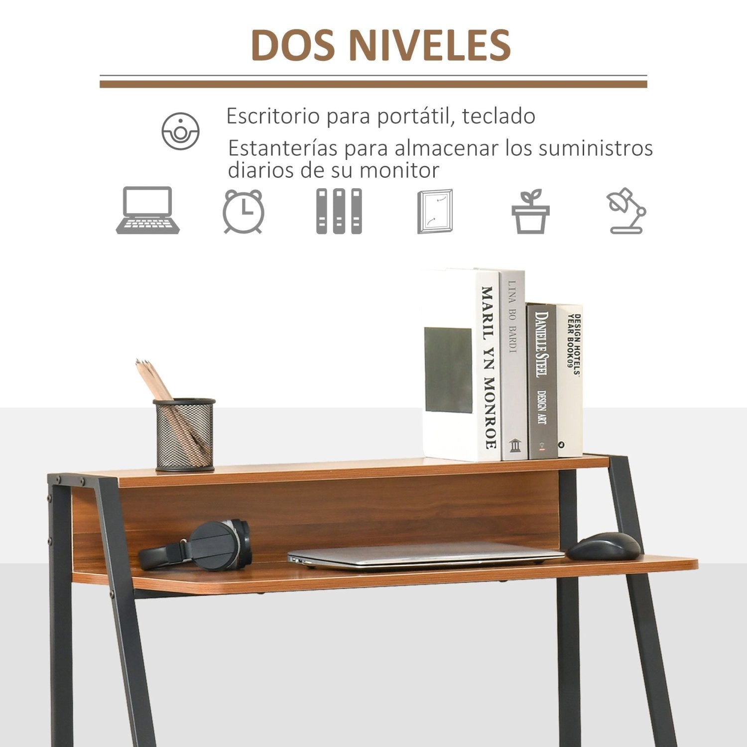 Mesa escritorio, Mesa Ordenador, con Encimera de Madera Patas de Metal, Escritorio Pequeño, Mesa de Estudio, Mesa Oficina, HOMCOM, 3