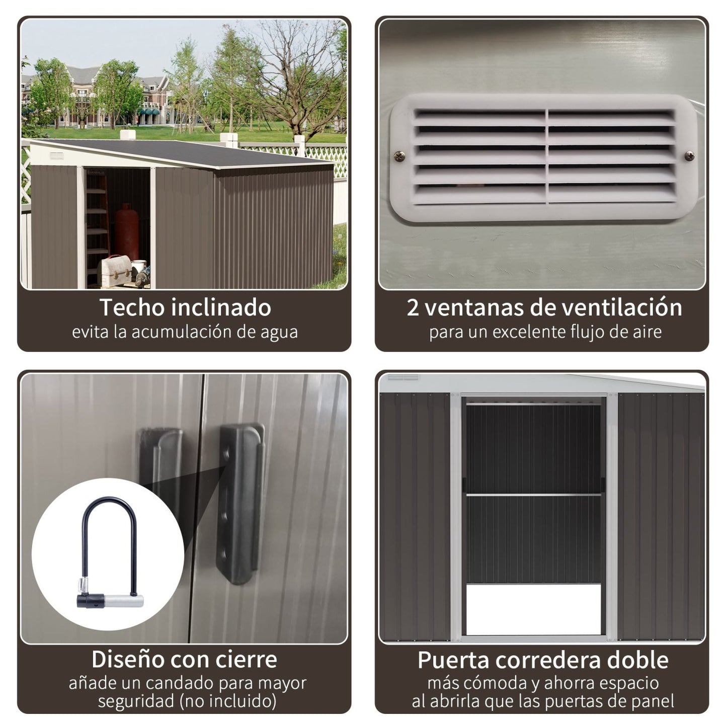 Caseta metalica jardines, Cobertizo exterior, 8,9 m², para Almacenamiento de Herramientas con Puerta y 2 Ventanas Gris, Outsunny, 4