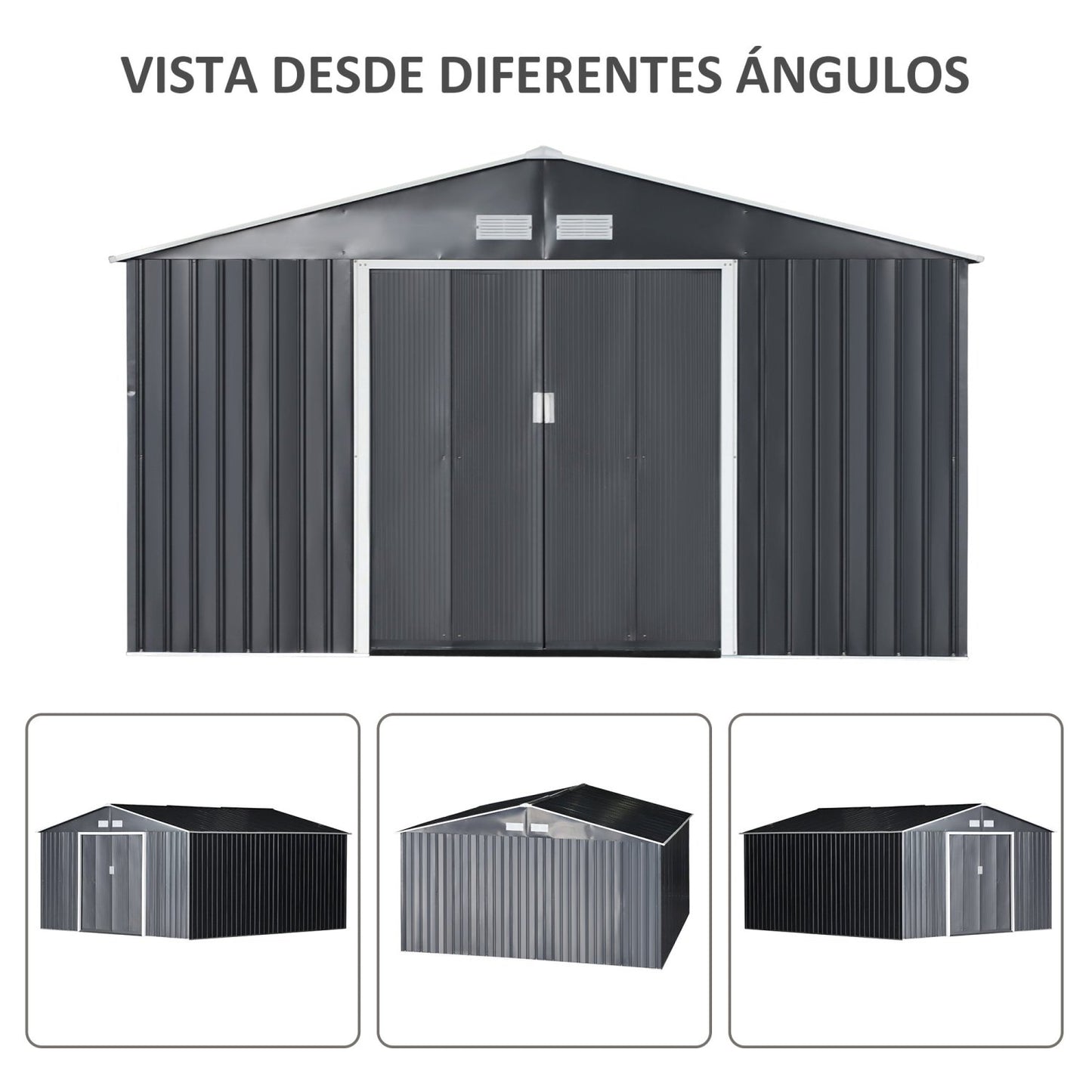 Caseta metalica jardines, Cobertizo exterior, 12,4 m², 2 Puertas Corredizas Base Refuerzo Gris Oscuro, Outsunny, 6