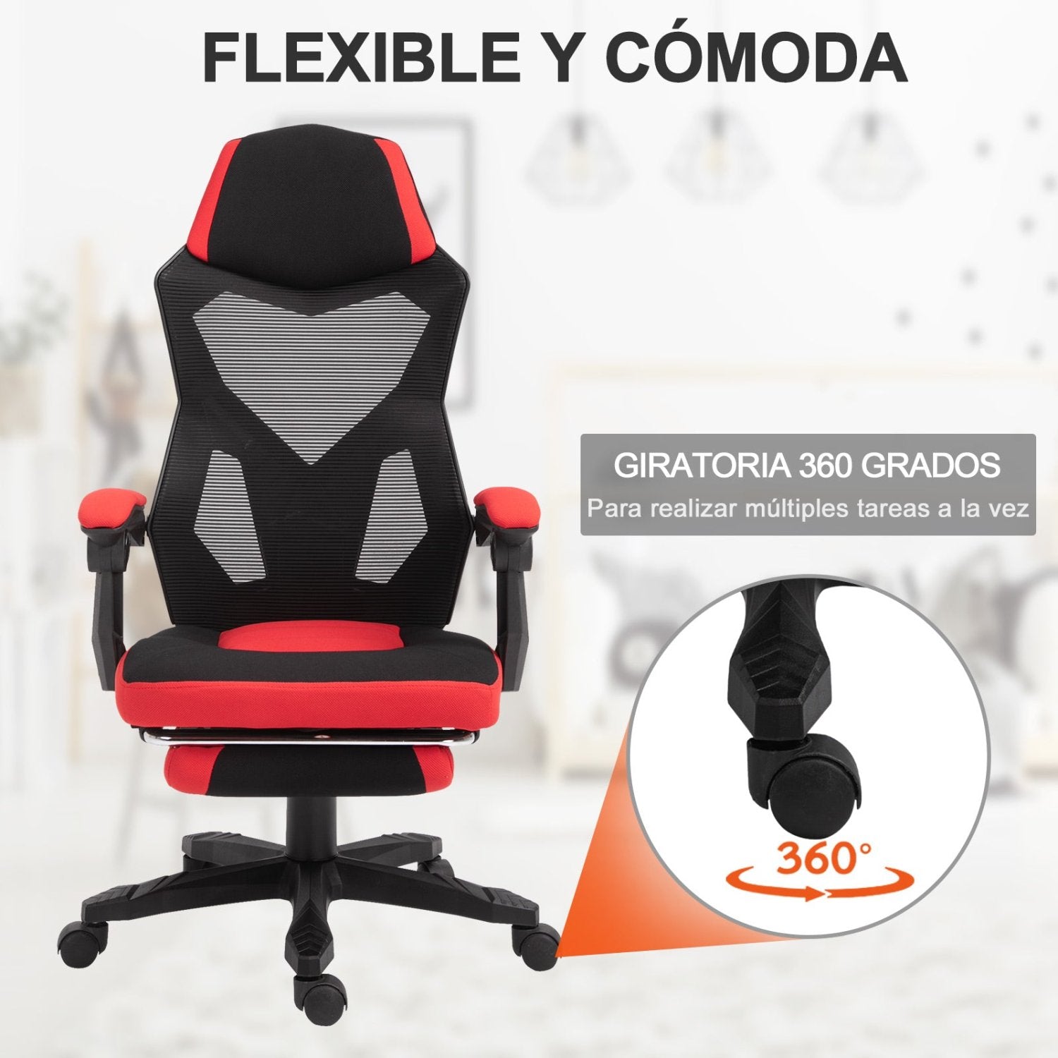 Silla gaming, Silla Oficina, con Reposapiés Retráctil, Silla Gamer, Silla Ergonomica, Altura Ajustable, Ruedas, Rojo, Vinsetto, 5