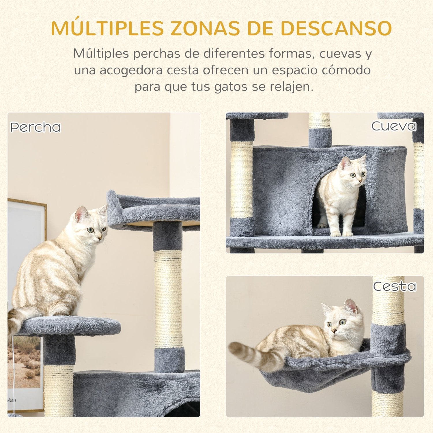 Rascador para Gatos, Arbol para Gatos, Rascador gatos, Altura 200cm, con 2 Cuevas 2 Hamacas Cama  Postes de Sisal, Gris, PawHut, 4