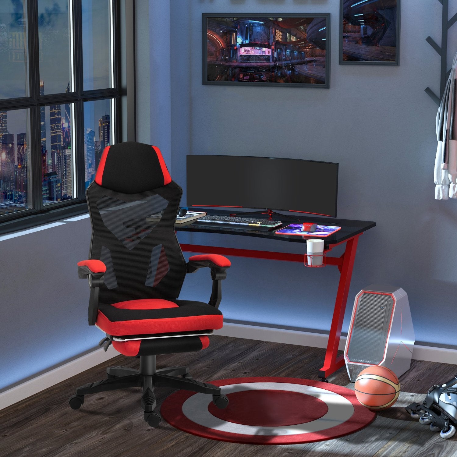 Silla gaming, Silla Oficina, con Reposapiés Retráctil, Silla Gamer, Silla Ergonomica, Altura Ajustable, Ruedas, Rojo, Vinsetto, 2