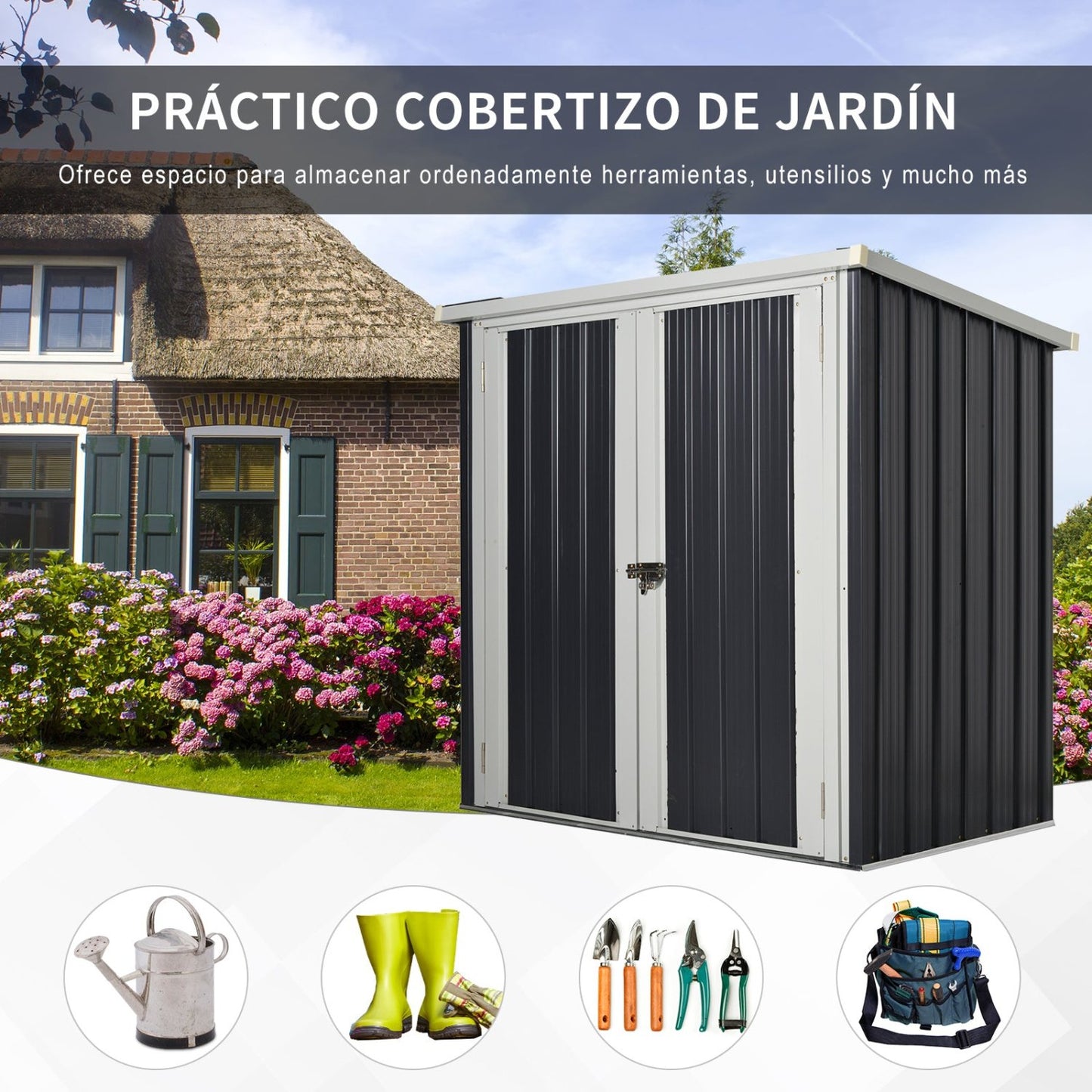 Caseta metalica jardines, Cobertizo exterior, 1,26 m², Cobertizo jardin, 2 Puertas y Cerradura en Patio Terraza, Negro, Outsunny, 2