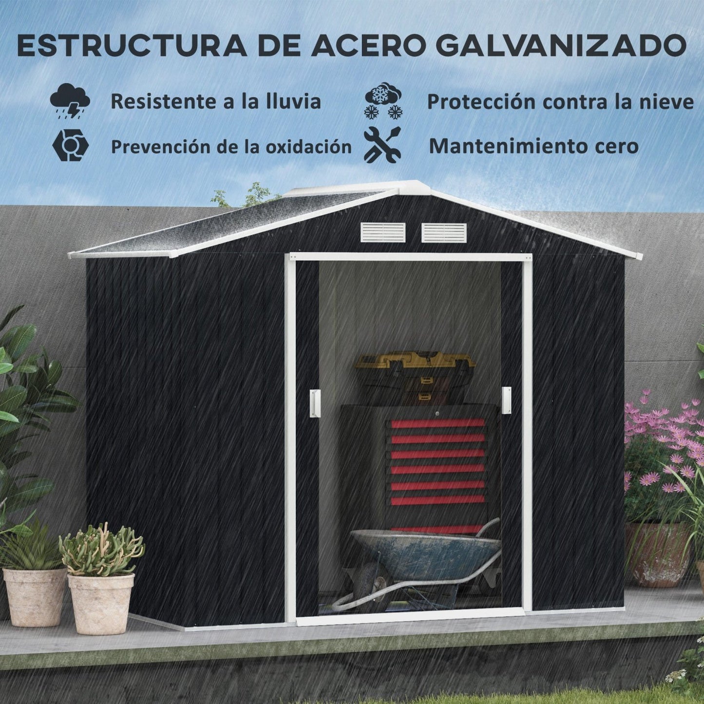 Caseta metalica jardines, Cobertizo exterior, Caseta jardin, 2 Puertas Correderas y 4 Ventanas para Terraza, Gris Oscuro, Outsunny, 2