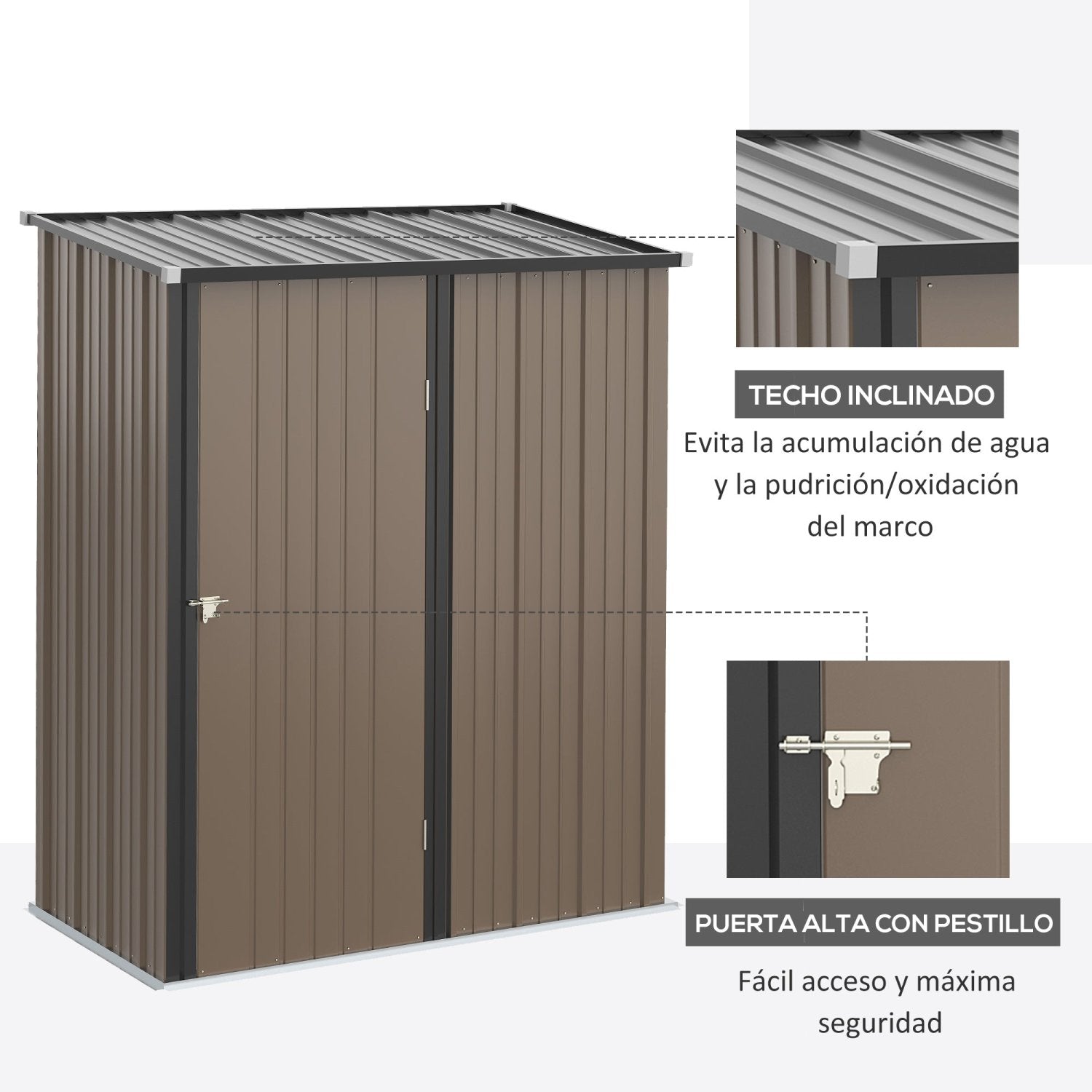 Caseta metalica jardines, 1,34 m², Cobertizo exterior, 1 Puerta y Cerradura para Almacenamiento de Herramientas, Marrón, Outsunny, 6