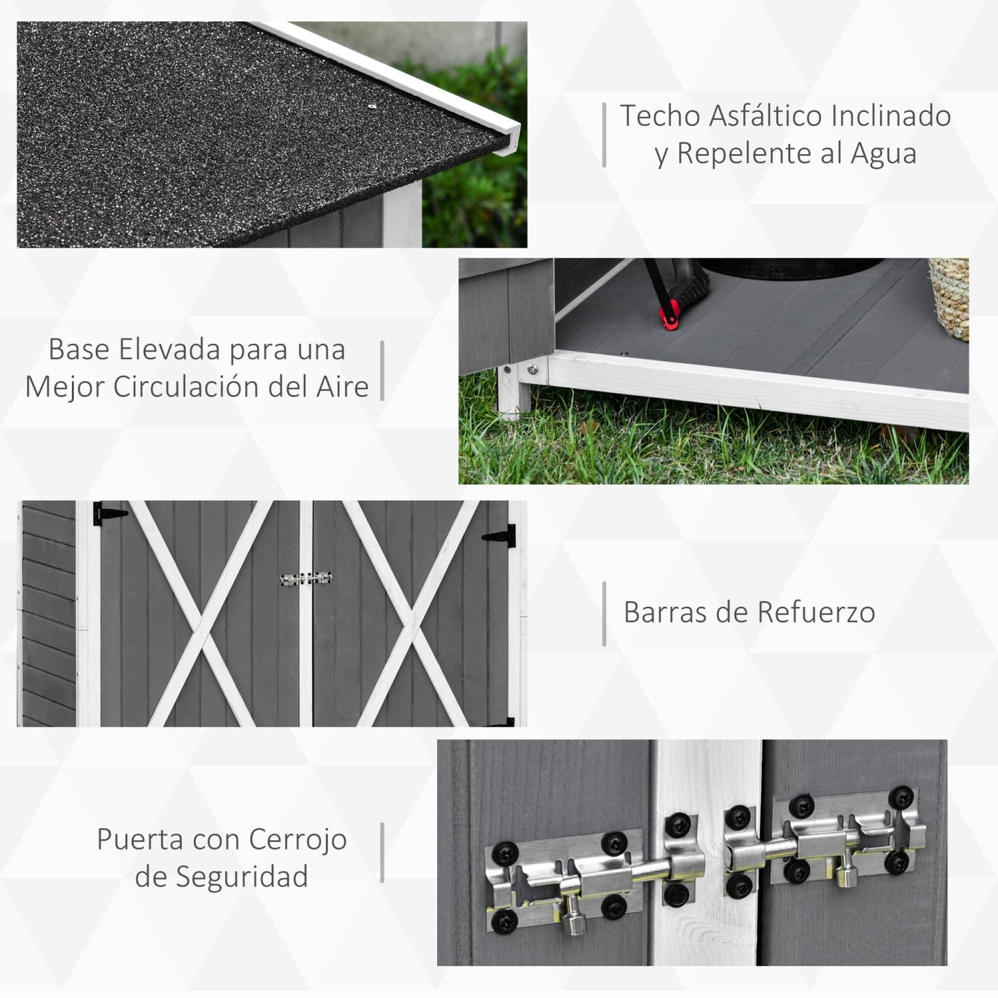 Caseta jardin, Caseta de madera, Armario exterior, con Estantería Movible Puertas con Cerrojo Techo Asfaltico, Gris, Outsunny, 7