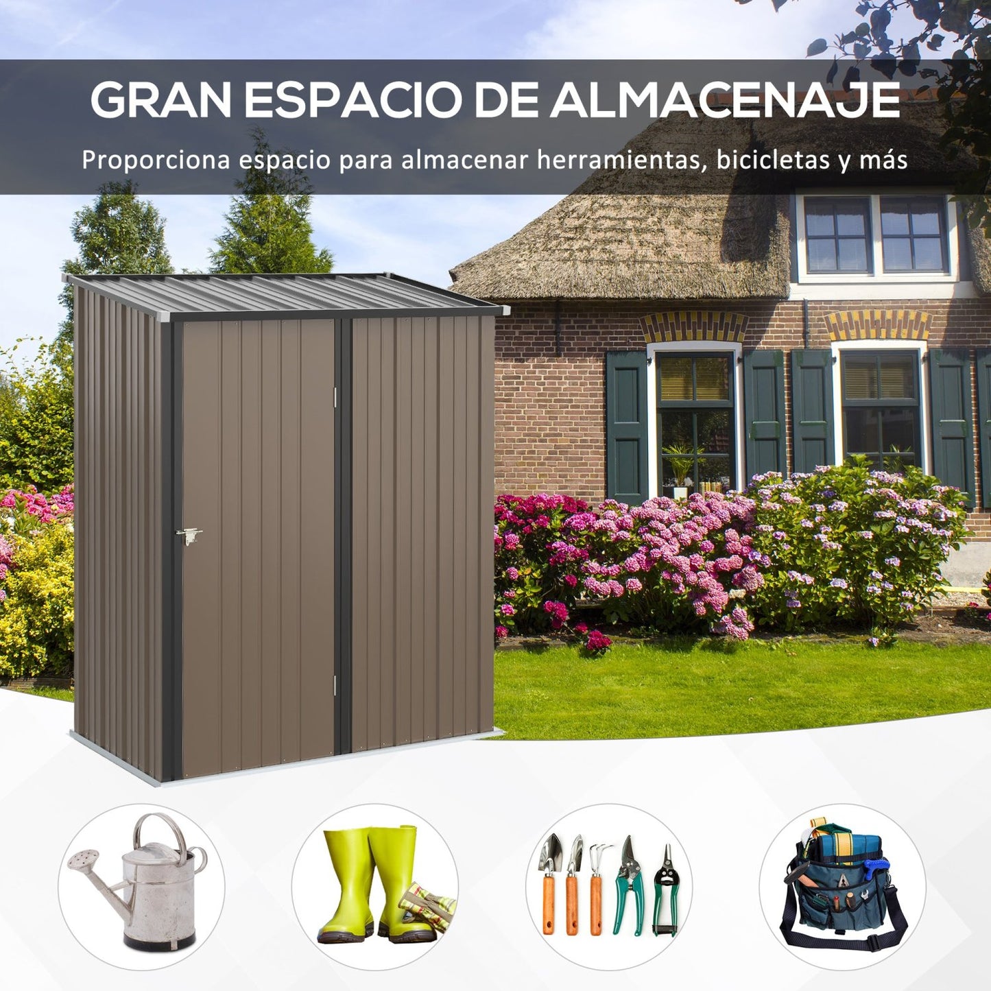 Caseta metalica jardines, 1,34 m², Cobertizo exterior, 1 Puerta y Cerradura para Almacenamiento de Herramientas, Marrón, Outsunny, 2