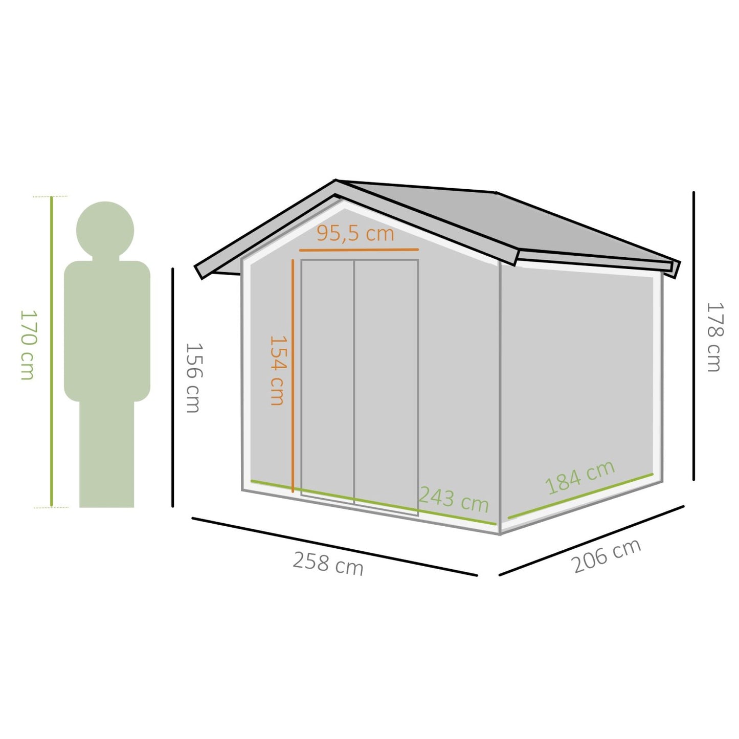 Caseta metalica jardines, 5,3m², Cobertizo exterior, Cobertizo jardin con Puertas Correderas y Ventilaciones, Verde, Outsunny, 3