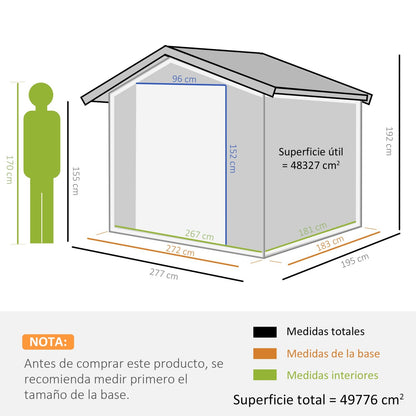 Caseta metalica jardines, 4,9 m², Cobertizo exterior,Caseta jardin, con 2 Puertas Corredizas Base Refuerzo, Gris, Outsunny, 3