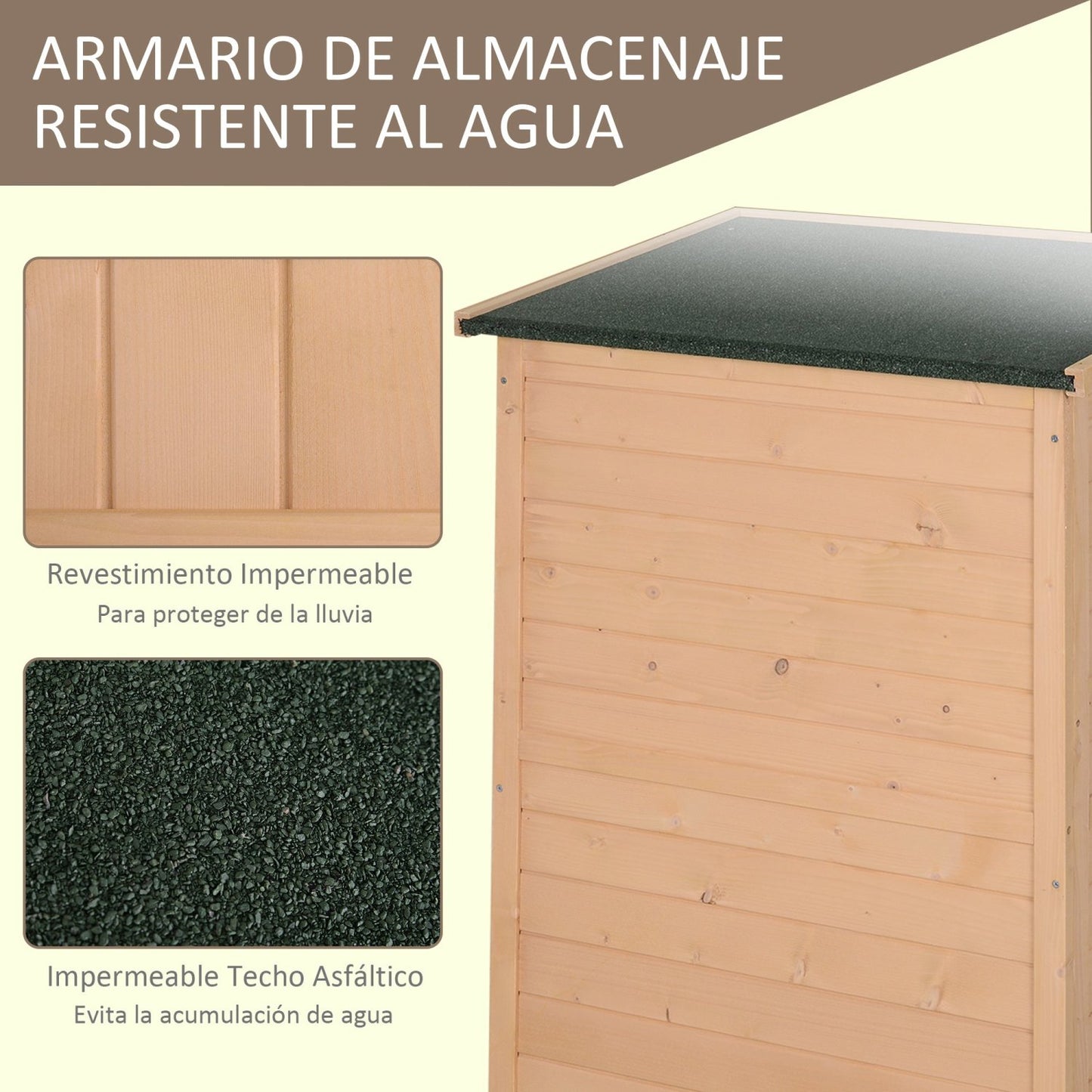 Caseta de madera, Caseta jardin, Armario exterior, con 3 Estantes interiores Puerta con Pestillo, Techo Asfaltico, Natural, Outsunny, 5