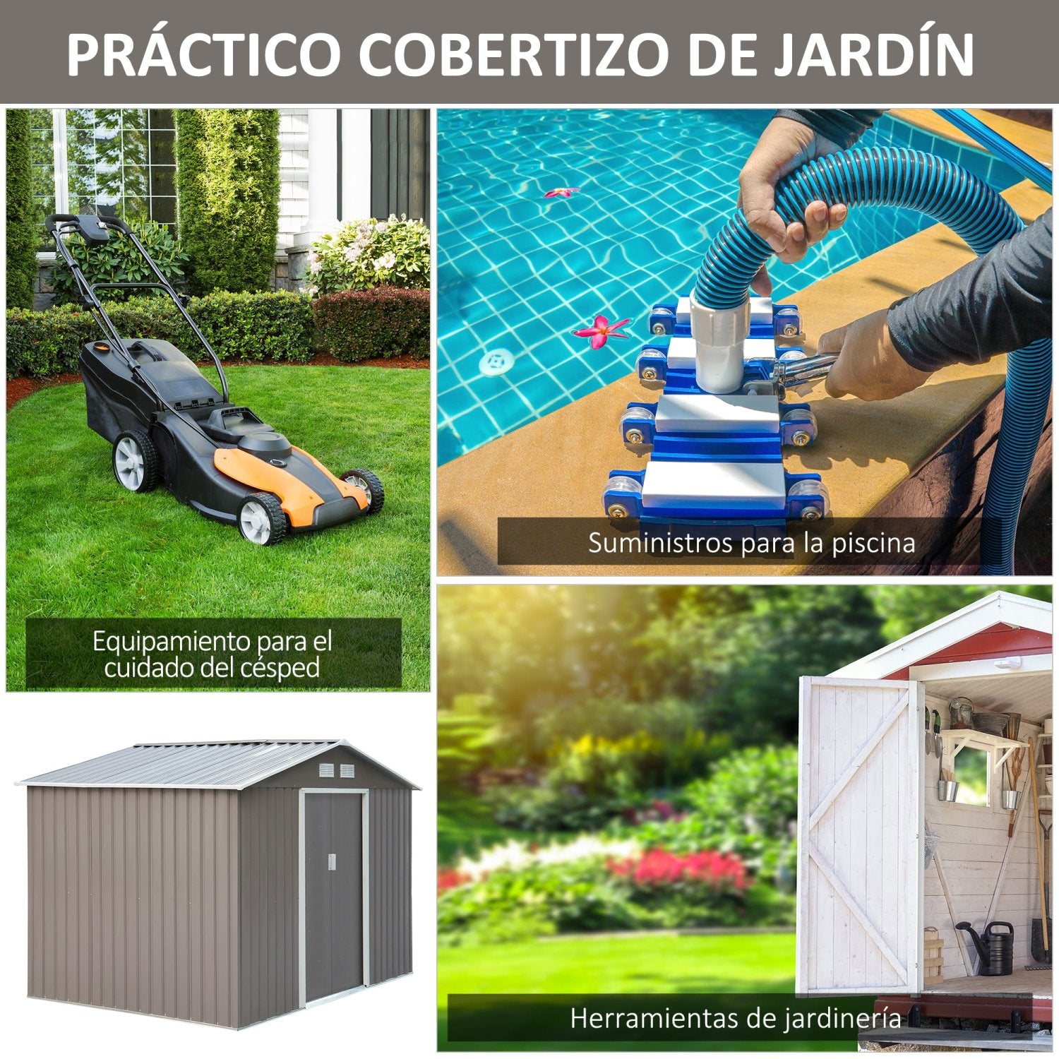 Caseta metalica jardines, 4,9 m², Cobertizo exterior,Caseta jardin, con 2 Puertas Corredizas Base Refuerzo, Gris, Outsunny, 6