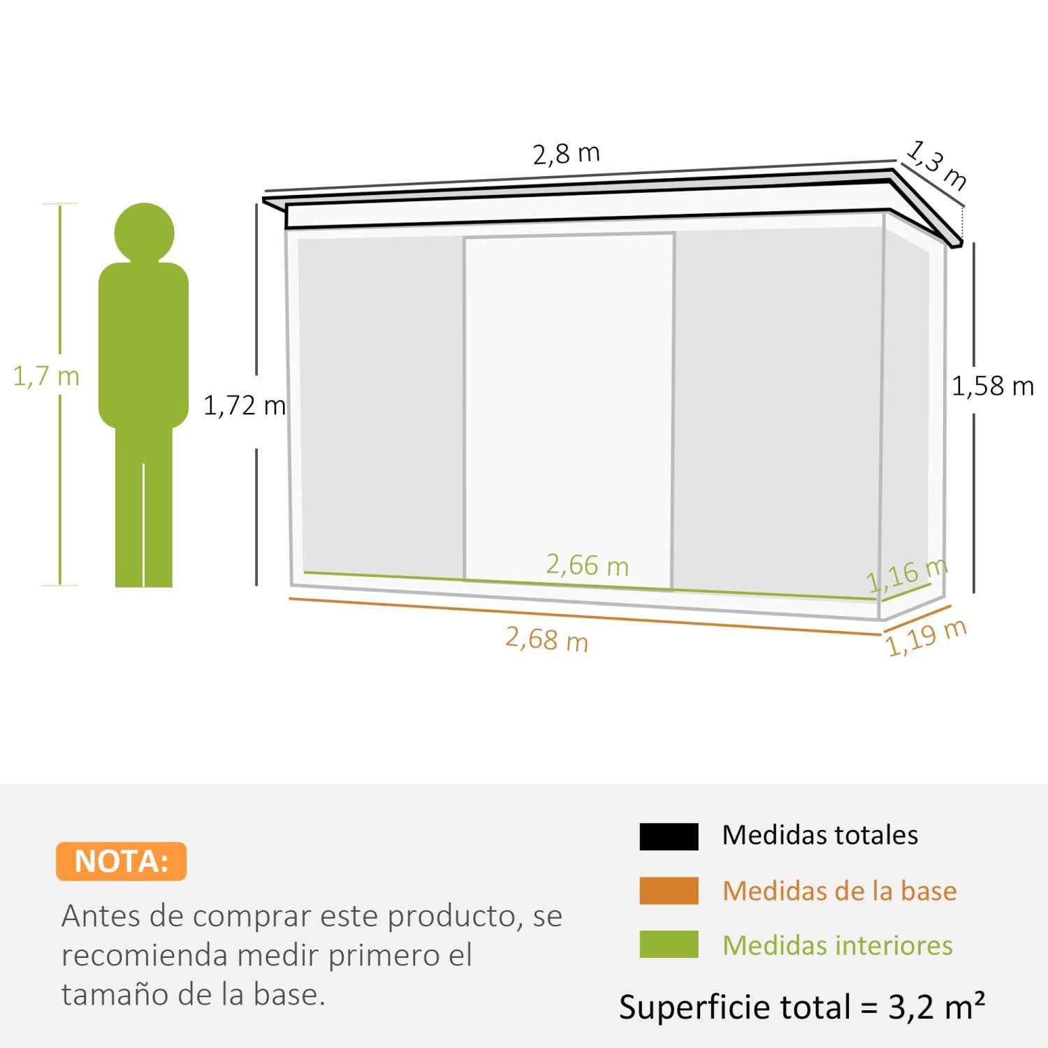 Caseta metalica jardines, Cobertizo exterior, 3,2 m², con 2 Puertas Correderas, 2 Orificios de Ventilación, Verde Oscuro, Outsunny, 3