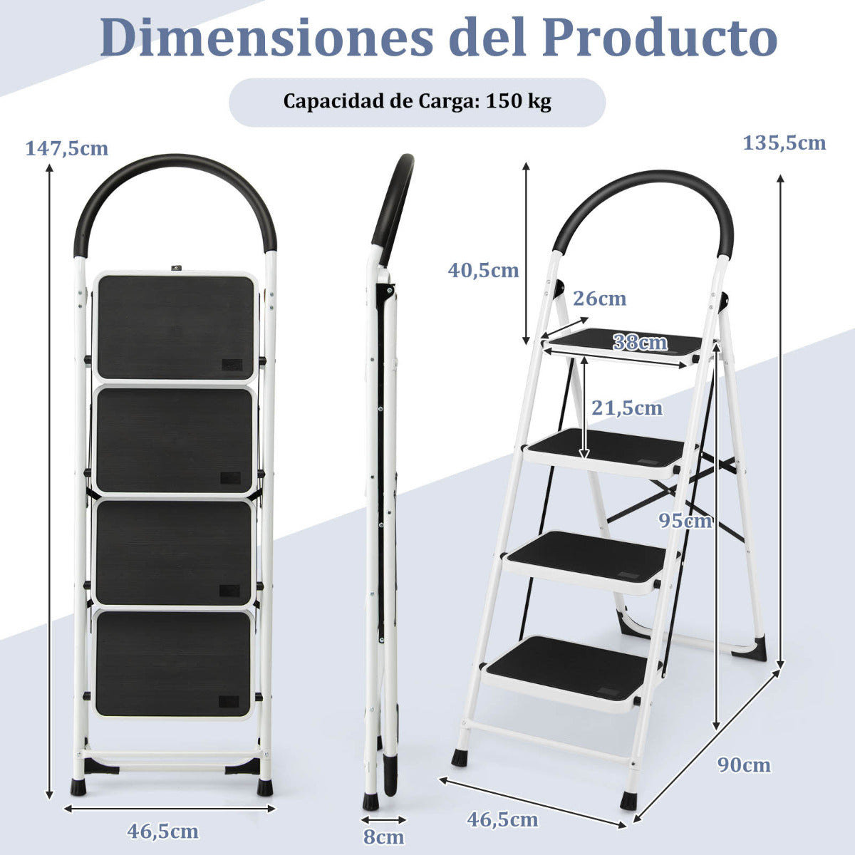 Escalera, Escalera Plegable, 4 Peldaños Pedal Antideslizante y Travesaño de Acero Portátil, Carga 150kg, Costway, 3