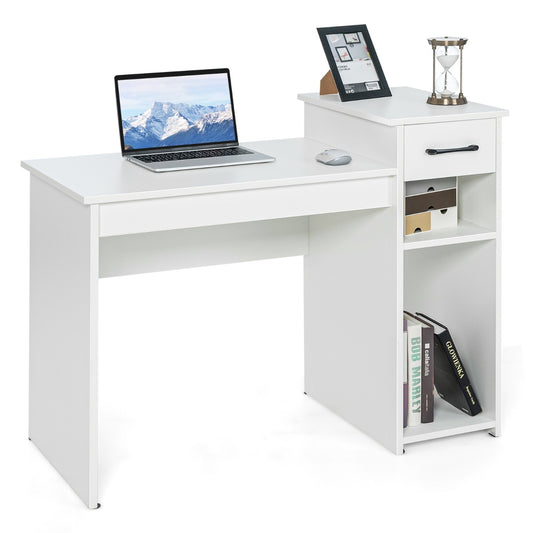 Mesa Escritorio, Escritorio Pequeño, Mesa Estudio, Escritorio con Cajone, Soporte de CPU, 2 Niveles, Blanco, Costway, 1