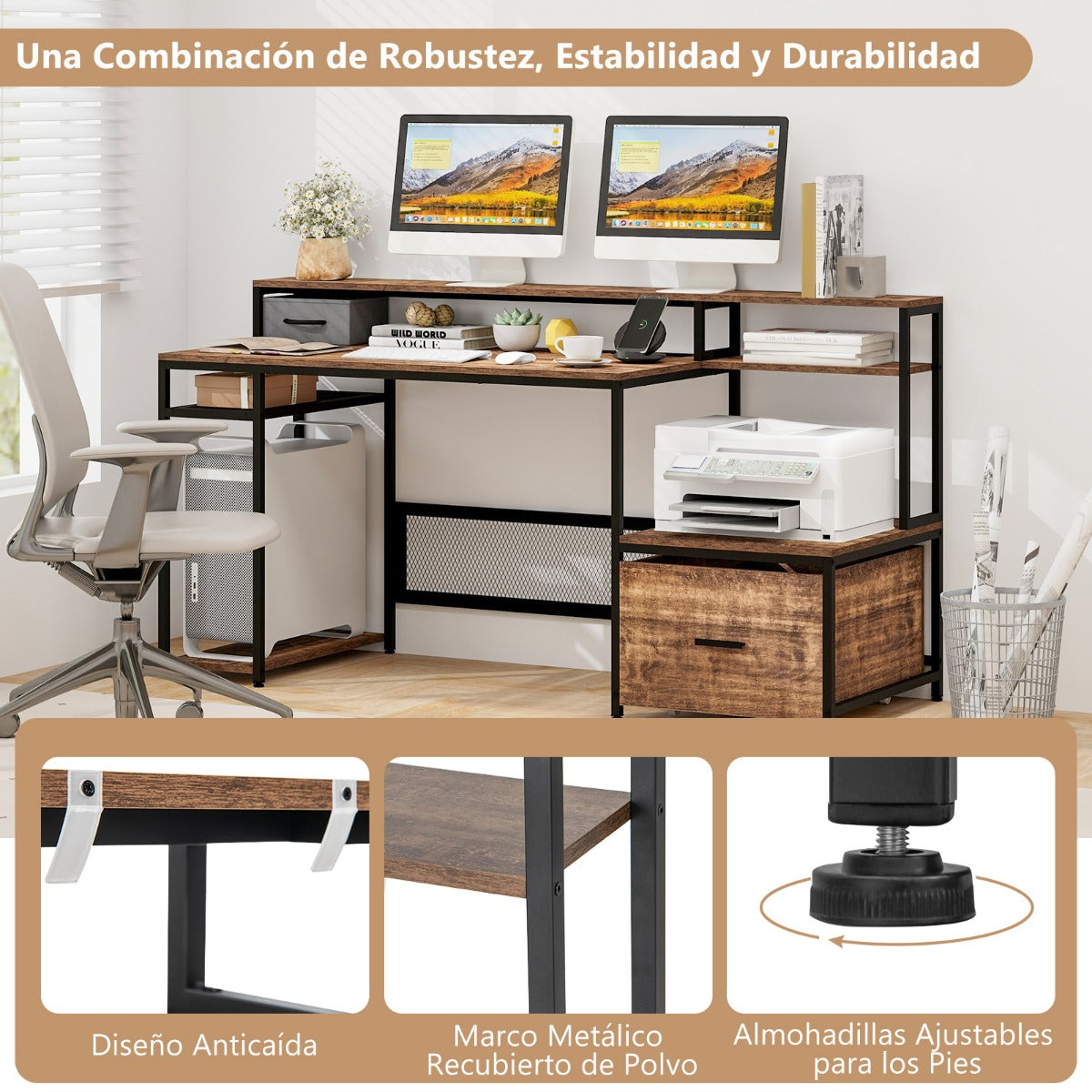 Escritorio con Cajones, Mesa Ordenador, Mesa de Oficina, de 170 cm, con Soporte para Monitor, Estante, Marrón, Costway, 5