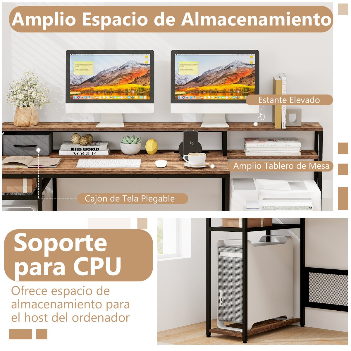 Escritorio con Cajones, Mesa Ordenador, Mesa de Oficina, de 170 cm, con Soporte para Monitor, Estante, Marrón, Costway, 6