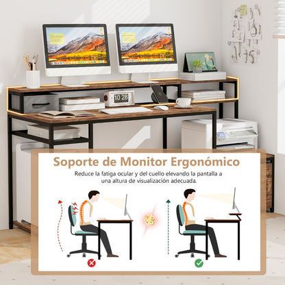 Escritorio con Cajones, Mesa Ordenador, Mesa de Oficina, de 170 cm, con Soporte para Monitor, Estante, Marrón, Costway, 8