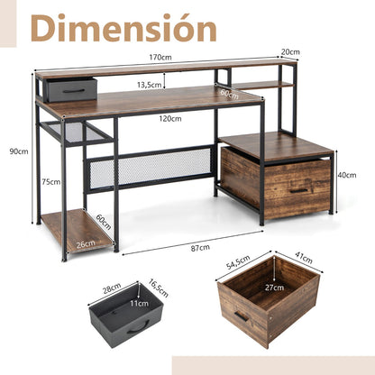 Escritorio con Cajones, Mesa Ordenador, Mesa de Oficina, de 170 cm, con Soporte para Monitor, Estante, Marrón, Costway, 3