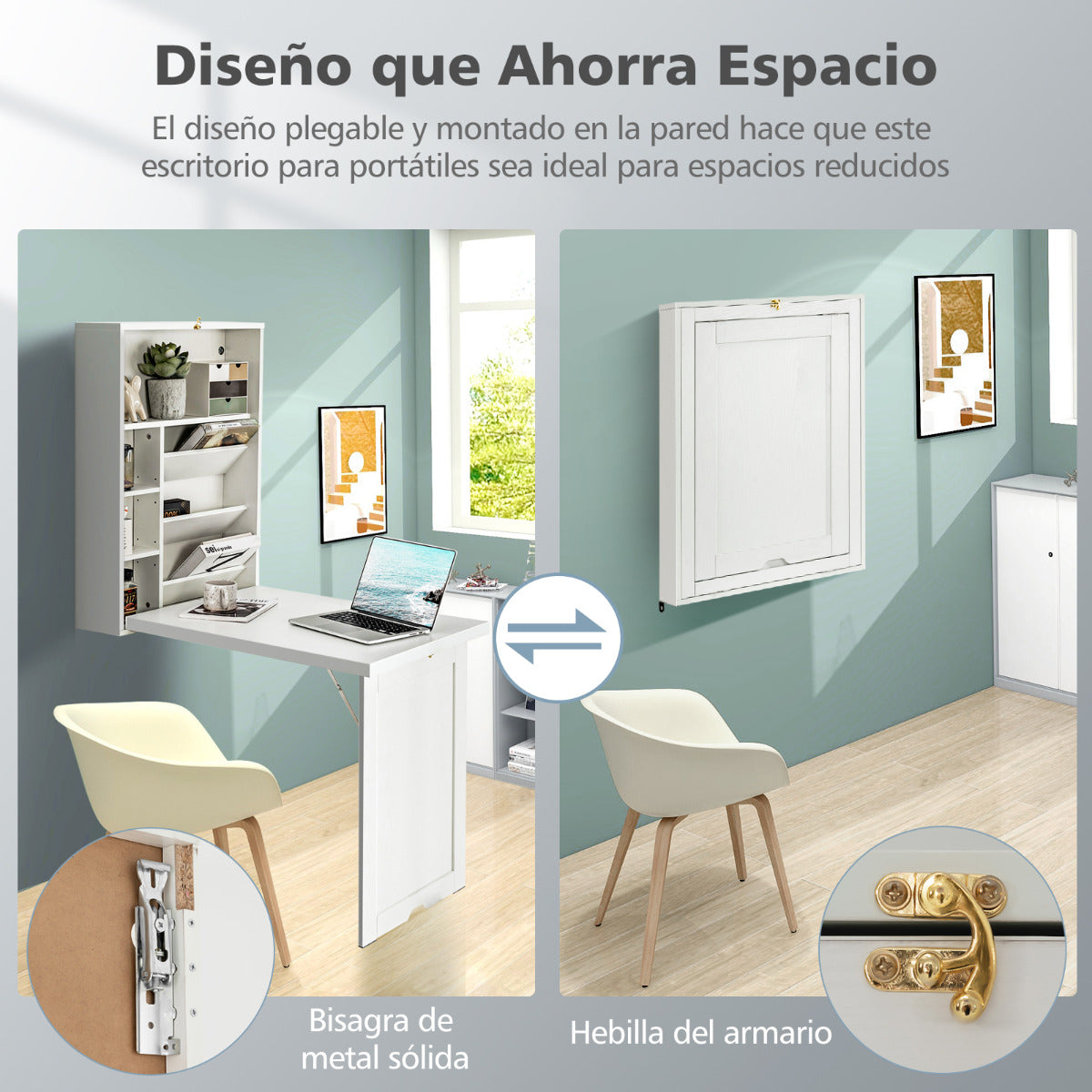 Mesa Abatible Pared, Escritorio Plegable Pared, Mesa Escritorio Plegable, Mesa Escritorio, Blanco, Costway, 7