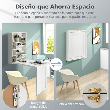 Mesa Abatible Pared, Escritorio Plegable Pared, Mesa Escritorio Plegable, Mesa Escritorio, Blanco, Costway, 7