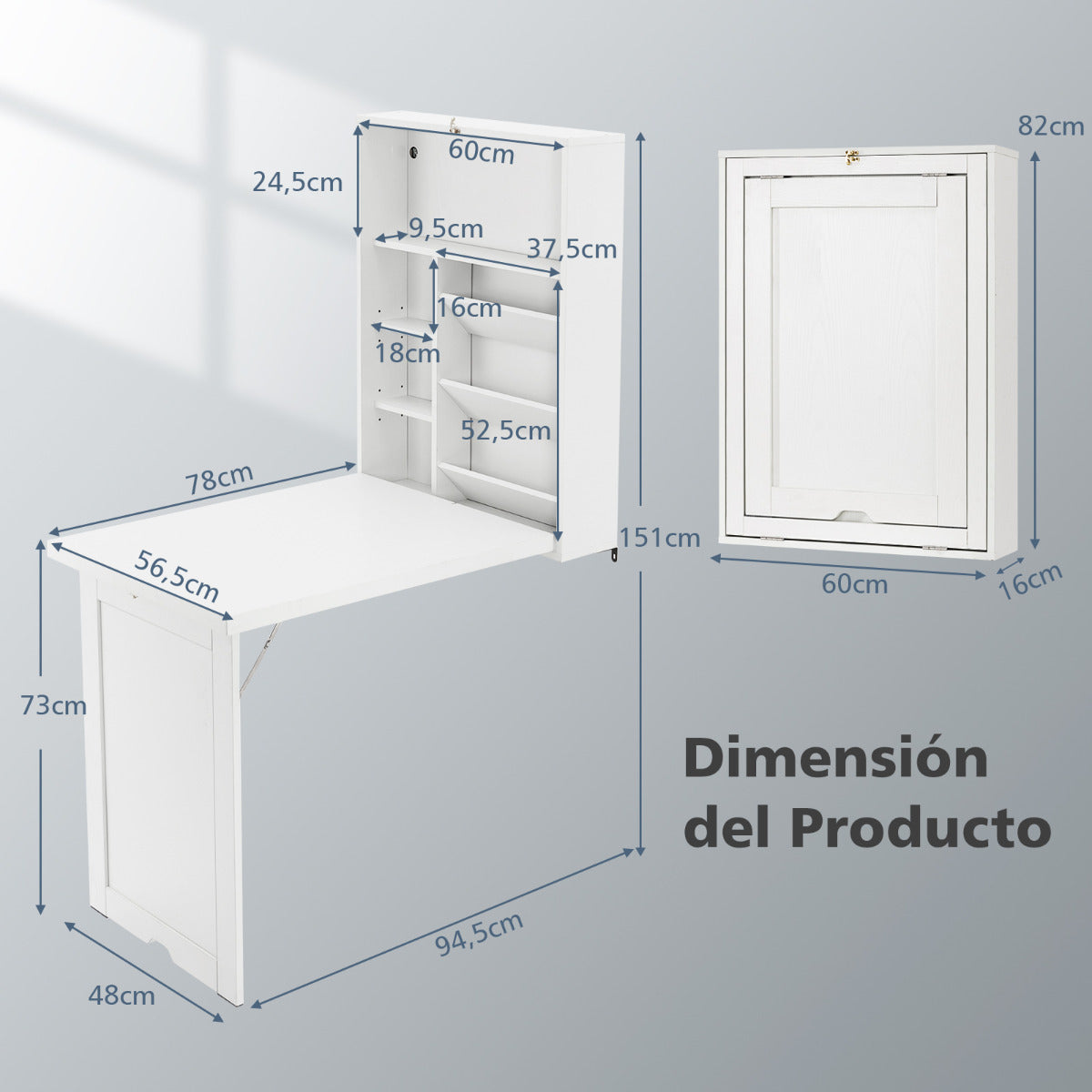 Mesa Abatible Pared, Escritorio Plegable Pared, Mesa Escritorio Plegable, Mesa Escritorio, Blanco, Costway, 3