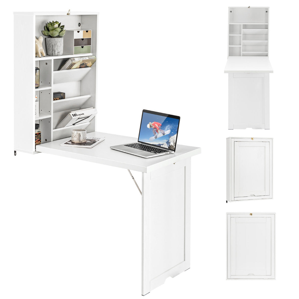 Mesa Abatible Pared, Escritorio Plegable Pared, Mesa Escritorio Plegable, Mesa Escritorio, Blanco, Costway, 1