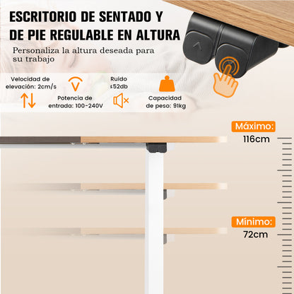 Escritorio Elevable, Mesa Escritorio, Mesa Regulable en Altura, Mesa Estudio, Orificio Cables, Natural Oscuro, Costway, 8