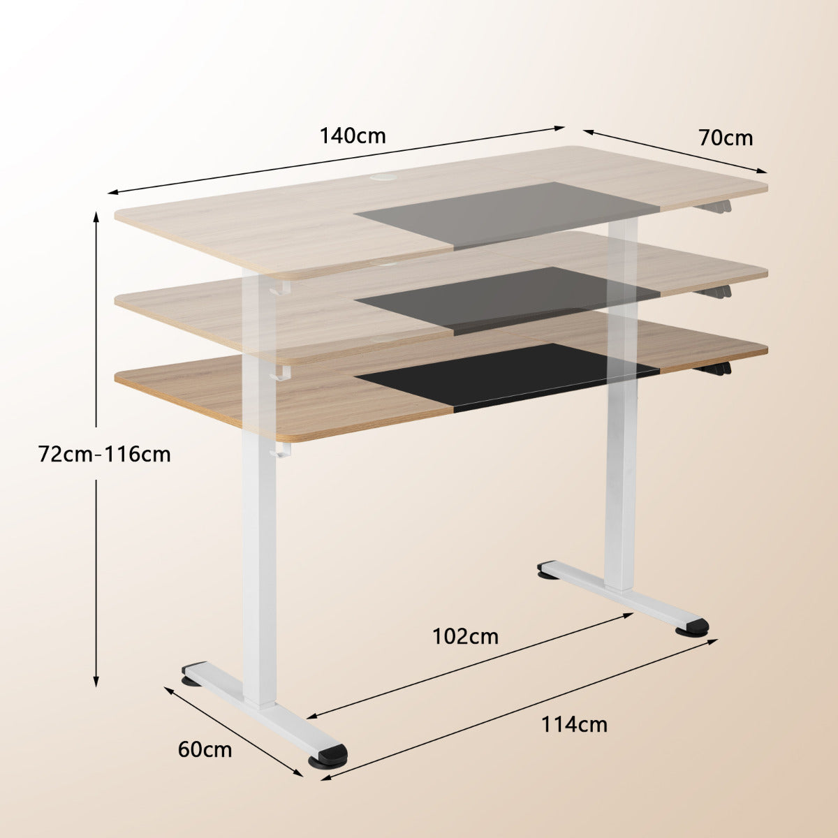 Escritorio Elevable, Mesa Escritorio, Mesa Regulable en Altura, Mesa Estudio, Altura Ajustable Eléctrico, Natural, Costway, 3