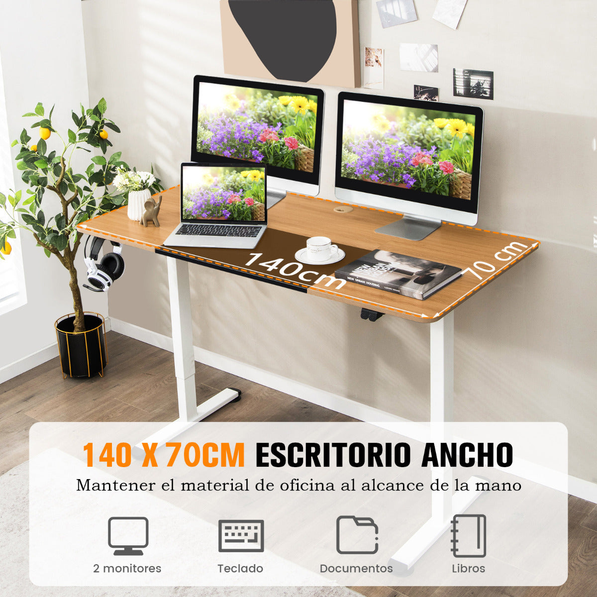 Escritorio Elevable, Mesa Escritorio, Mesa Regulable en Altura, Mesa Estudio, Altura Ajustable Eléctrico, Natural, Costway, 7