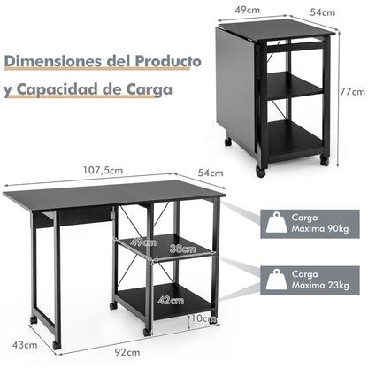 Mesa Escritorio Plegable, Mesa Estudio, Escritorio Pequeño, Mesa de Oficina, con 2 Repisas Ruedas, Compacto, Negro, Costway, 3