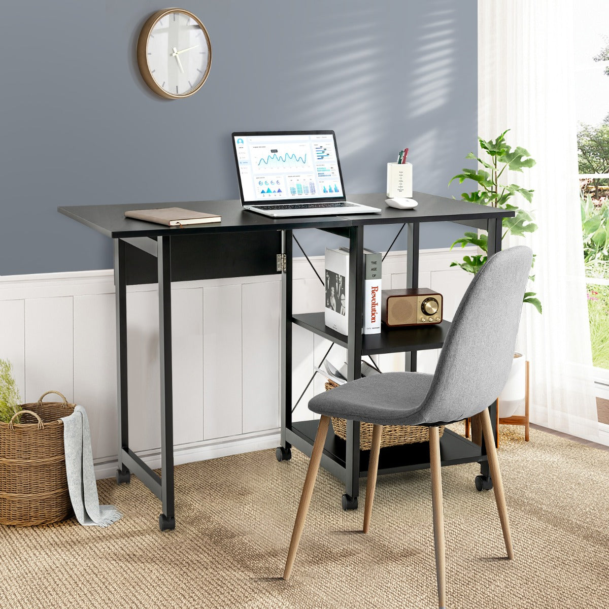 Mesa Escritorio Plegable, Mesa Estudio, Escritorio Pequeño, Mesa de Oficina, con 2 Repisas Ruedas, Compacto, Negro, Costway, 2