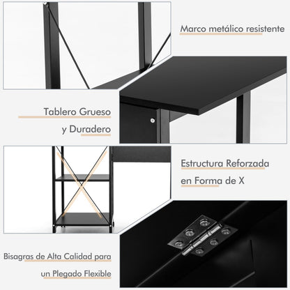 Mesa Escritorio Plegable, Mesa Estudio, Escritorio Pequeño, Mesa de Oficina, con 2 Repisas Ruedas, Compacto, Negro, Costway, 7