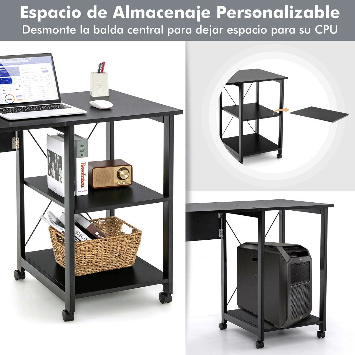 Mesa Escritorio Plegable, Mesa Estudio, Escritorio Pequeño, Mesa de Oficina, con 2 Repisas Ruedas, Compacto, Negro, Costway, 8