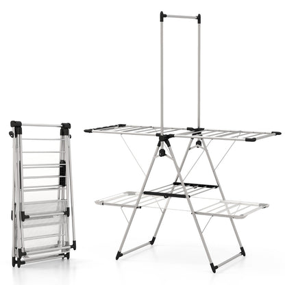 Tendedero de Ropa, 2 Niveles, con Perchero Barra, Tendedero plegable, alas ajustables en altura, Tendedero Exterior, Metal, Costway, 2