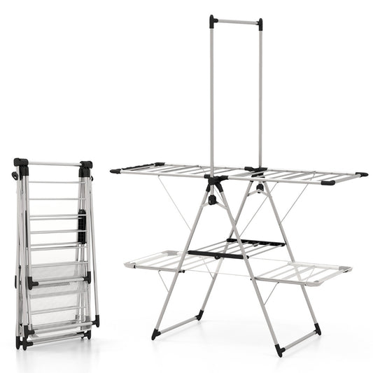 Tendedero de Ropa, 2 Niveles, con Perchero Barra, Tendedero plegable, alas ajustables en altura, Tendedero Exterior, Metal, Costway, 2