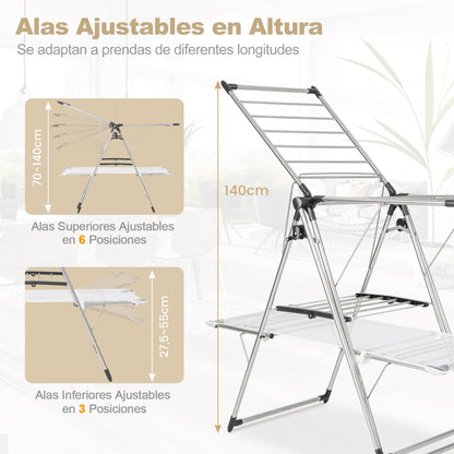 Tendedero de Ropa, 2 Niveles, con Perchero Barra, Tendedero plegable, alas ajustables en altura, Tendedero Exterior, Metal, Costway, 6
