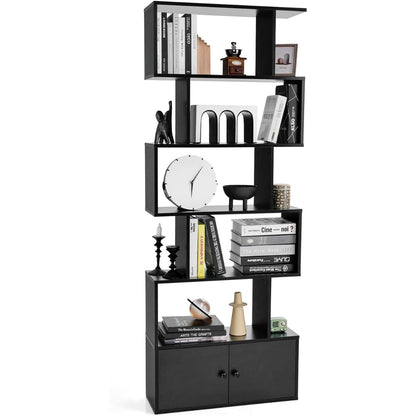 Estanteria, 6 Niveles, Estanteria libros, Estanteria salon, con Armario, Estanteria libreria, Forma de S, Negro, Costway, 1