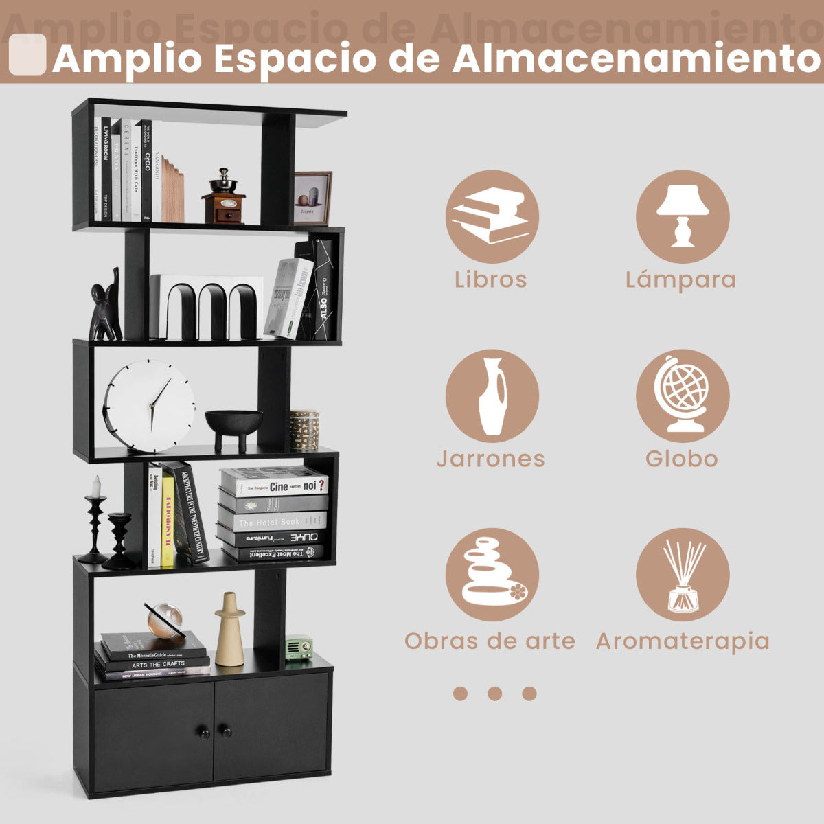 Estanteria, 6 Niveles, Estanteria libros, Estanteria salon, con Armario, Estanteria libreria, Forma de S, Negro, Costway, 3