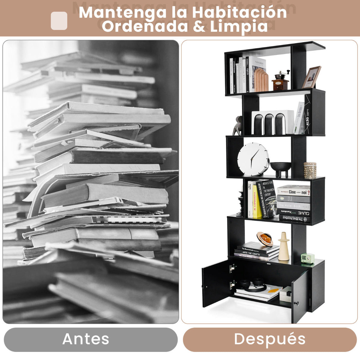 Estanteria, 6 Niveles, Estanteria libros, Estanteria salon, con Armario, Estanteria libreria, Forma de S, Negro, Costway, 4