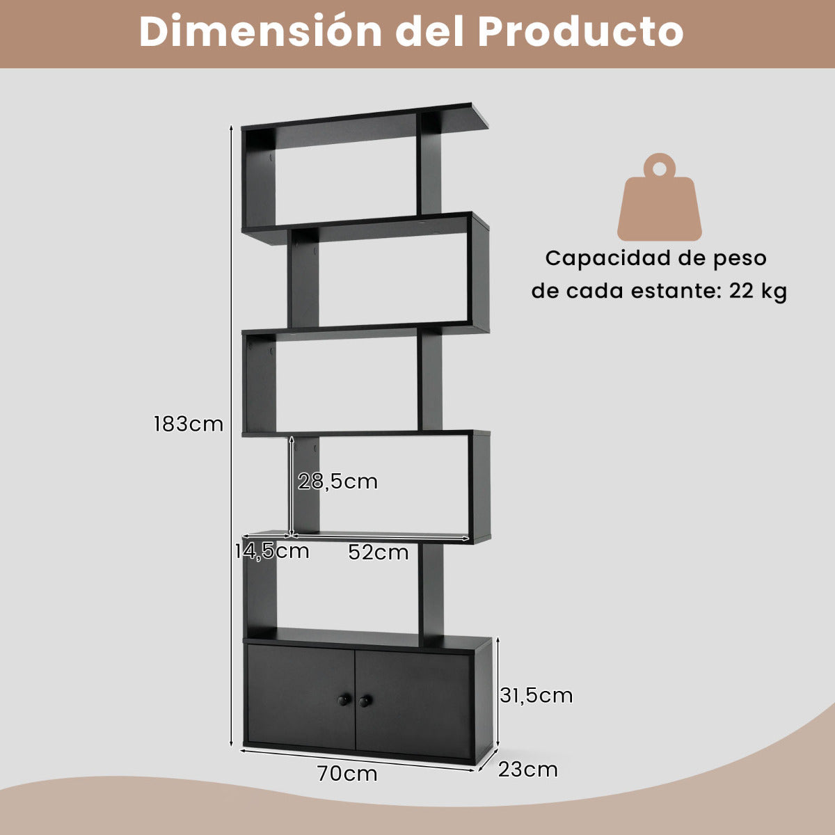 Estanteria, 6 Niveles, Estanteria libros, Estanteria salon, con Armario, Estanteria libreria, Forma de S, Negro, Costway, 2