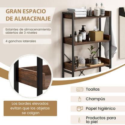 Estanteria baño, Mueble sobre inodoro, Estante baño, Estanterias almacenaje, de 3 Niveles con 4 Ganchos, Marrón, Costway, 6