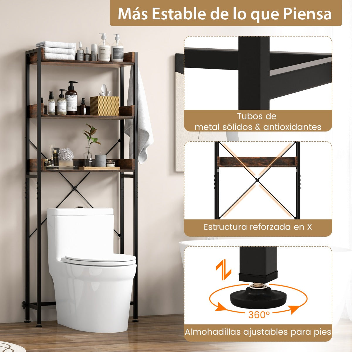 Estanteria baño, Mueble sobre inodoro, Estante baño, Estanterias almacenaje, de 3 Niveles con 4 Ganchos, Marrón, Costway, 7