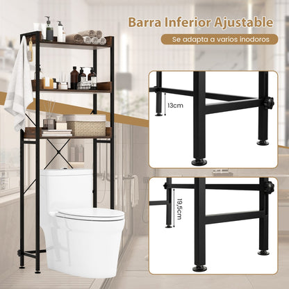 Estanteria baño, Mueble sobre inodoro, Estante baño, Estanterias almacenaje, de 3 Niveles con 4 Ganchos, Marrón, Costway, 8