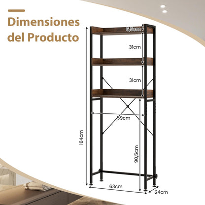 Estanteria baño, Mueble sobre inodoro, Estante baño, Estanterias almacenaje, de 3 Niveles con 4 Ganchos, Marrón, Costway, 3