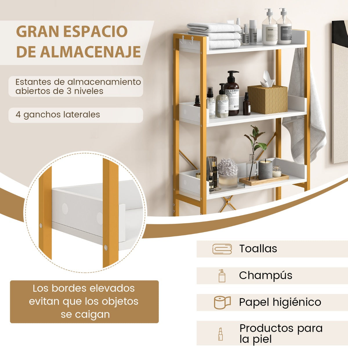 Estante baño, Mueble sobre inodoro, Estanteria baño, Estanterias almacenaje, de 3 Niveles con 4 Ganchos, Blanco Dorado, Costway, 6