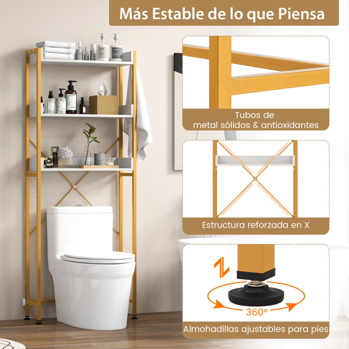 Estante baño, Mueble sobre inodoro, Estanteria baño, Estanterias almacenaje, de 3 Niveles con 4 Ganchos, Blanco Dorado, Costway, 7